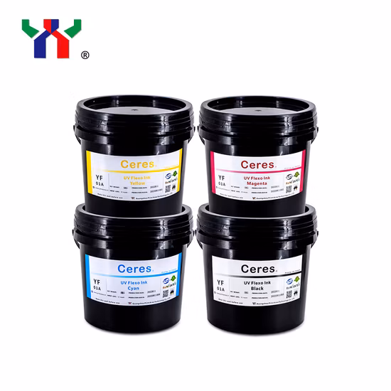 High Quality Ceres Strong Adhesive Force UV/LED Flexo Printing Ink for Paper and Label Printing (PP, PET materials) , Color Yellow, 5kg/Barrel